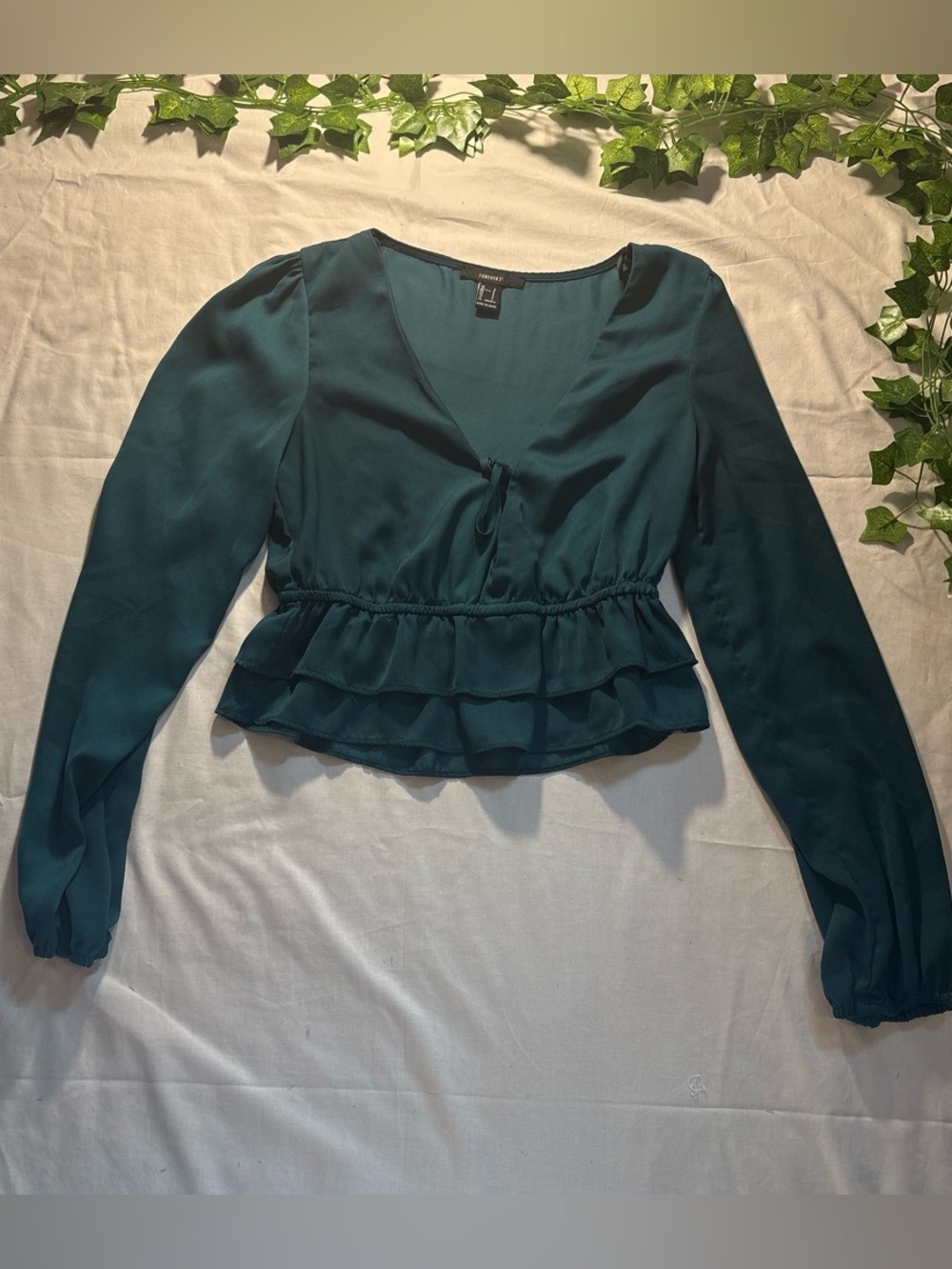 Long Sleeve Teal Ruffle Peplum Top - Women